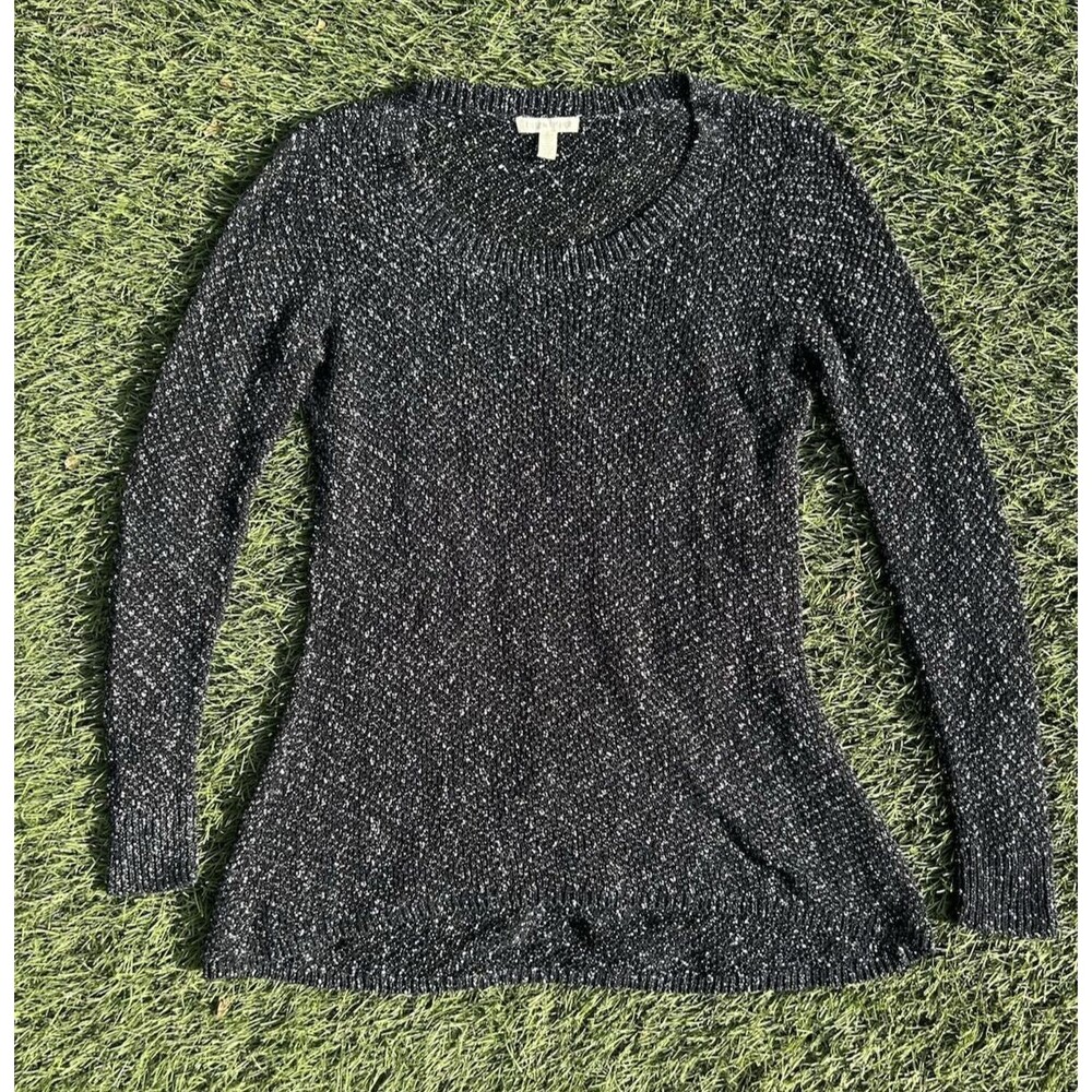 Eileen Fisher Sheer Pullover Sweater Small Black White Speckled Open Knit Tunic